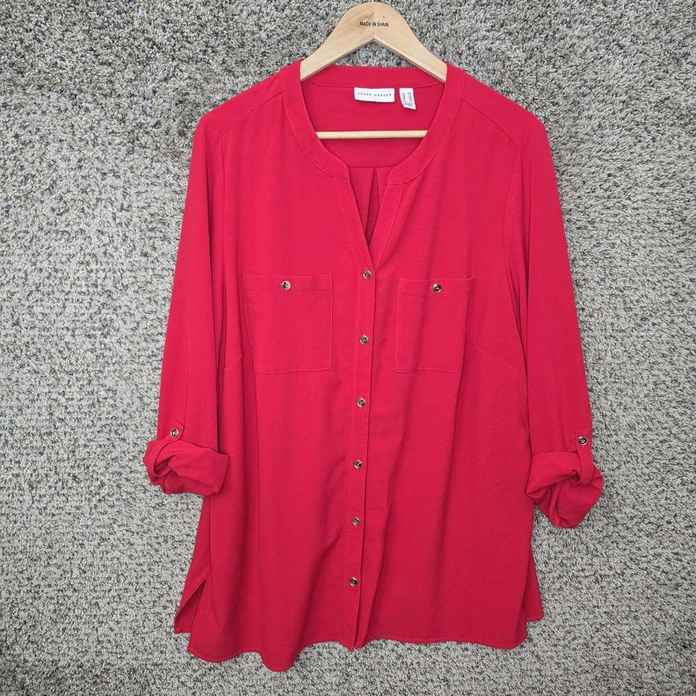 Susan Graver‎ Top Womens Plus 18W Red Button Up Tunic Roll Tab Sleeve Ladies